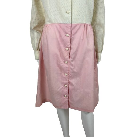 Vintage 60s Shirt Dress Women's Large Pink Cream Adorable Dotted Swiss - Picture 6 of 11